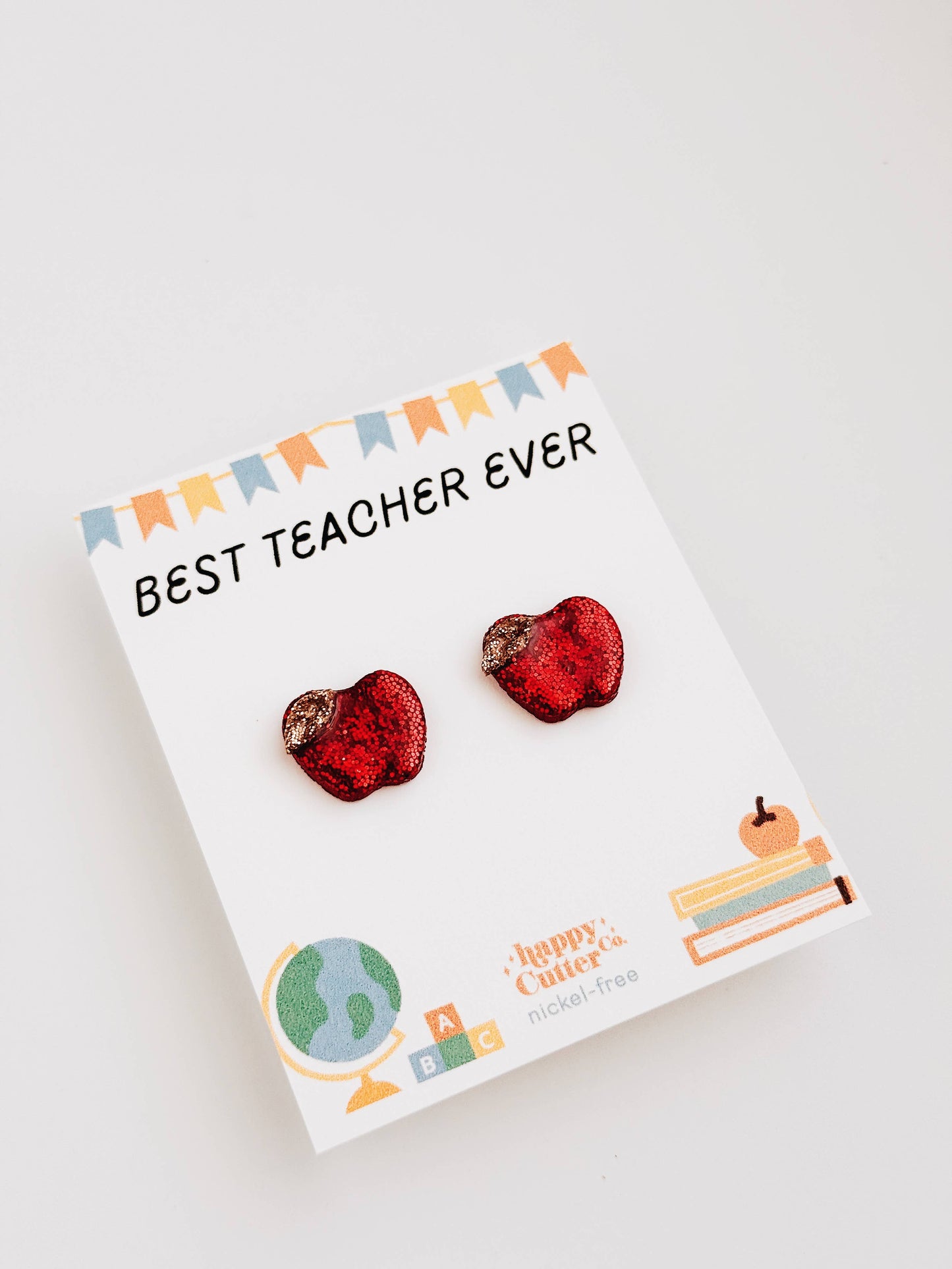Glitter Apple Stud Earrings | Best Teacher Ever Card: Studs