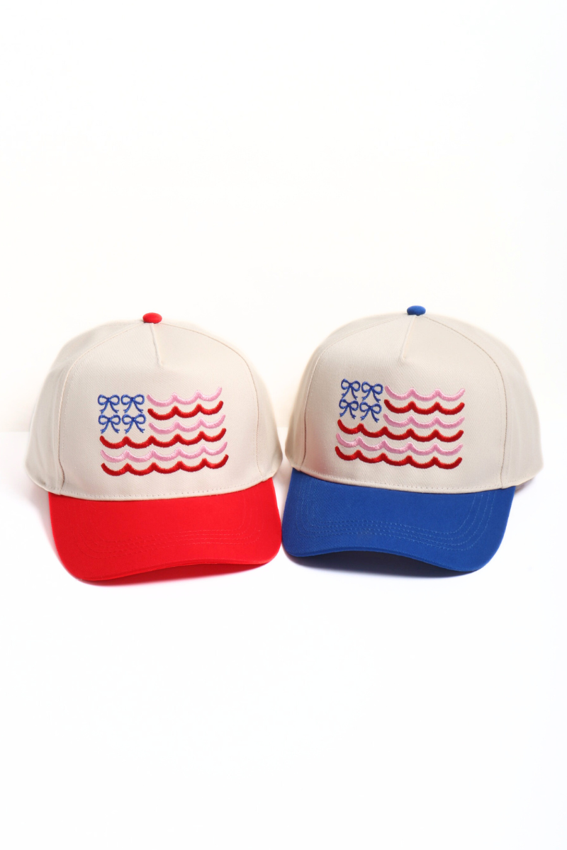 Bow American USA Flag 5 Panel Two Tone Caps: Red