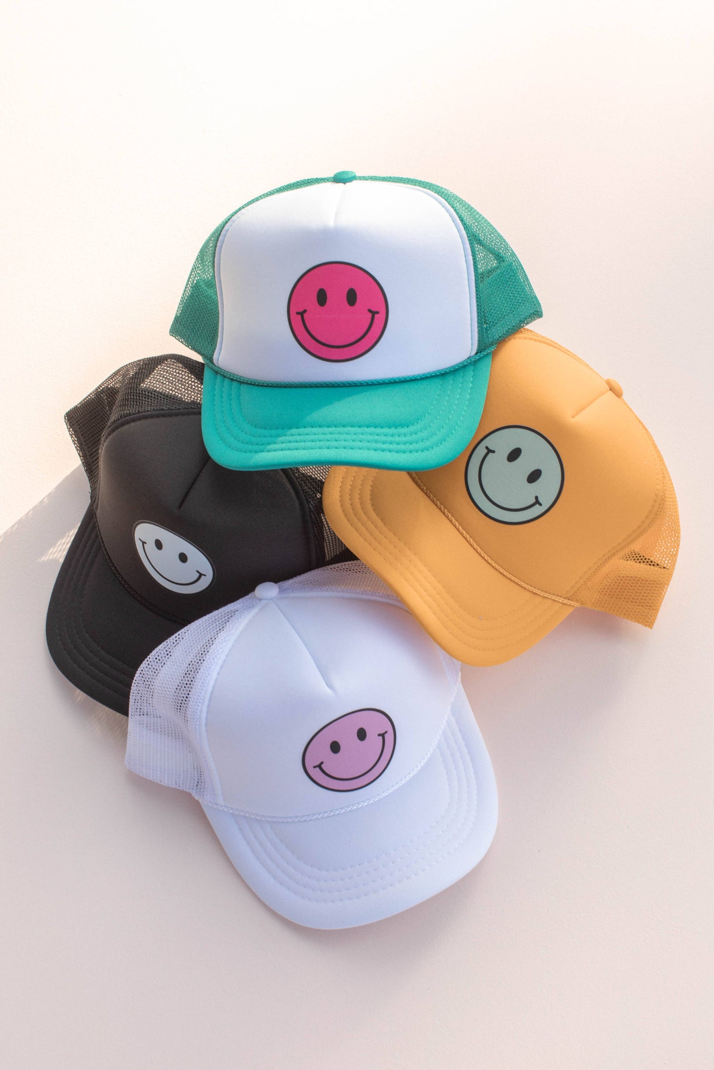 Kids Smiley Face Trucker Hat Cap: Black - White Smiley