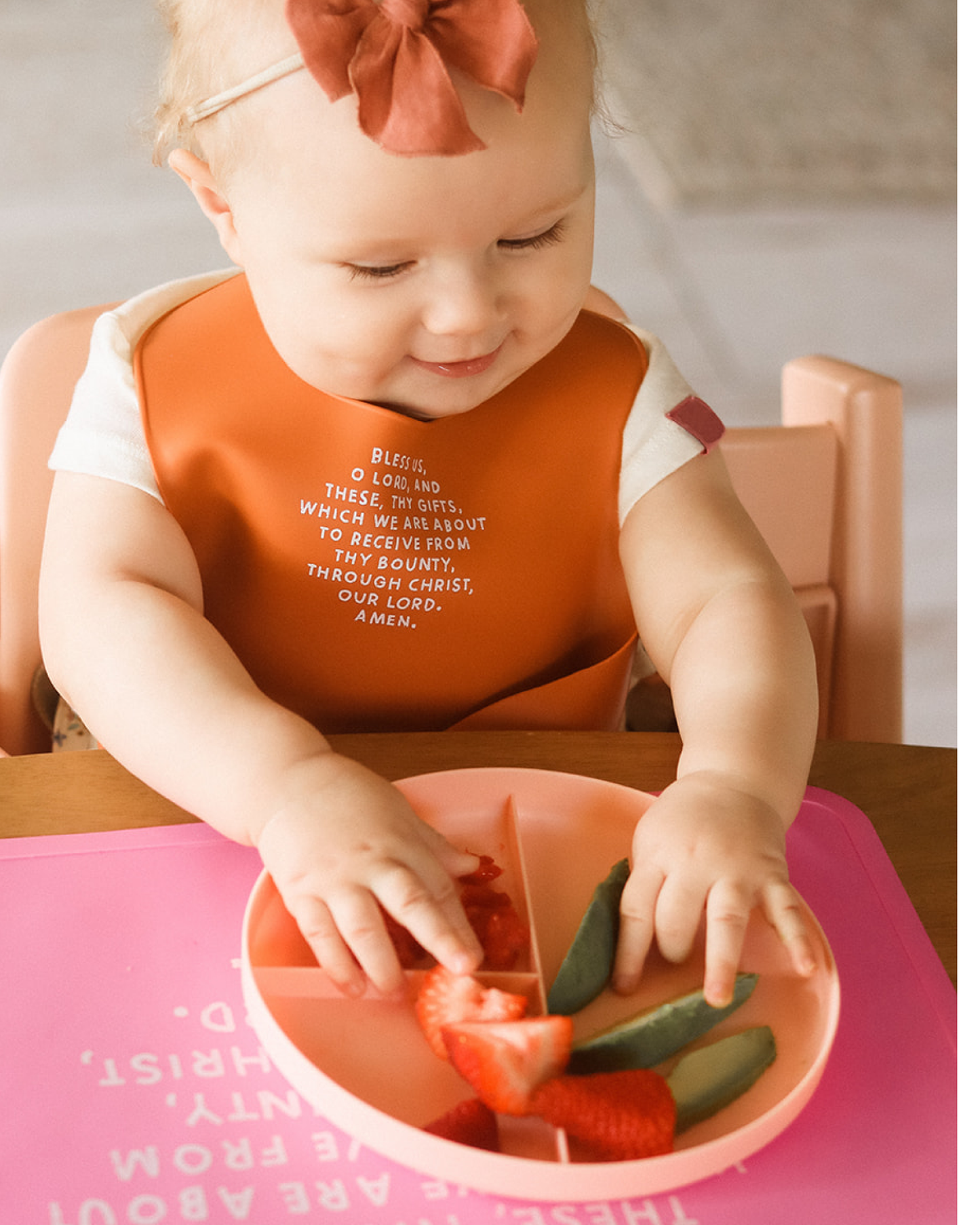 Catholic Meal Blessing Bib | BPA Free Bib | Gift For Baby: Rose Pink