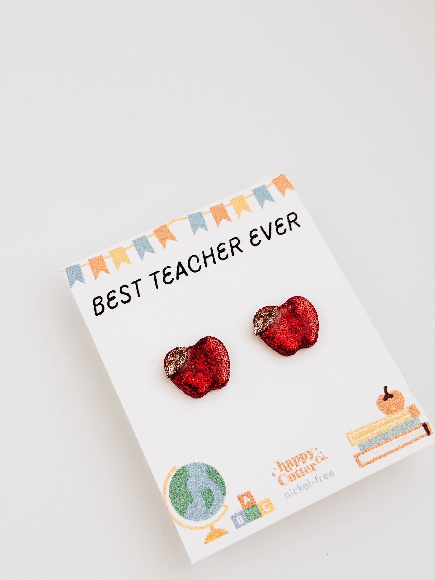 Glitter Apple Stud Earrings | Best Teacher Ever Card: Studs