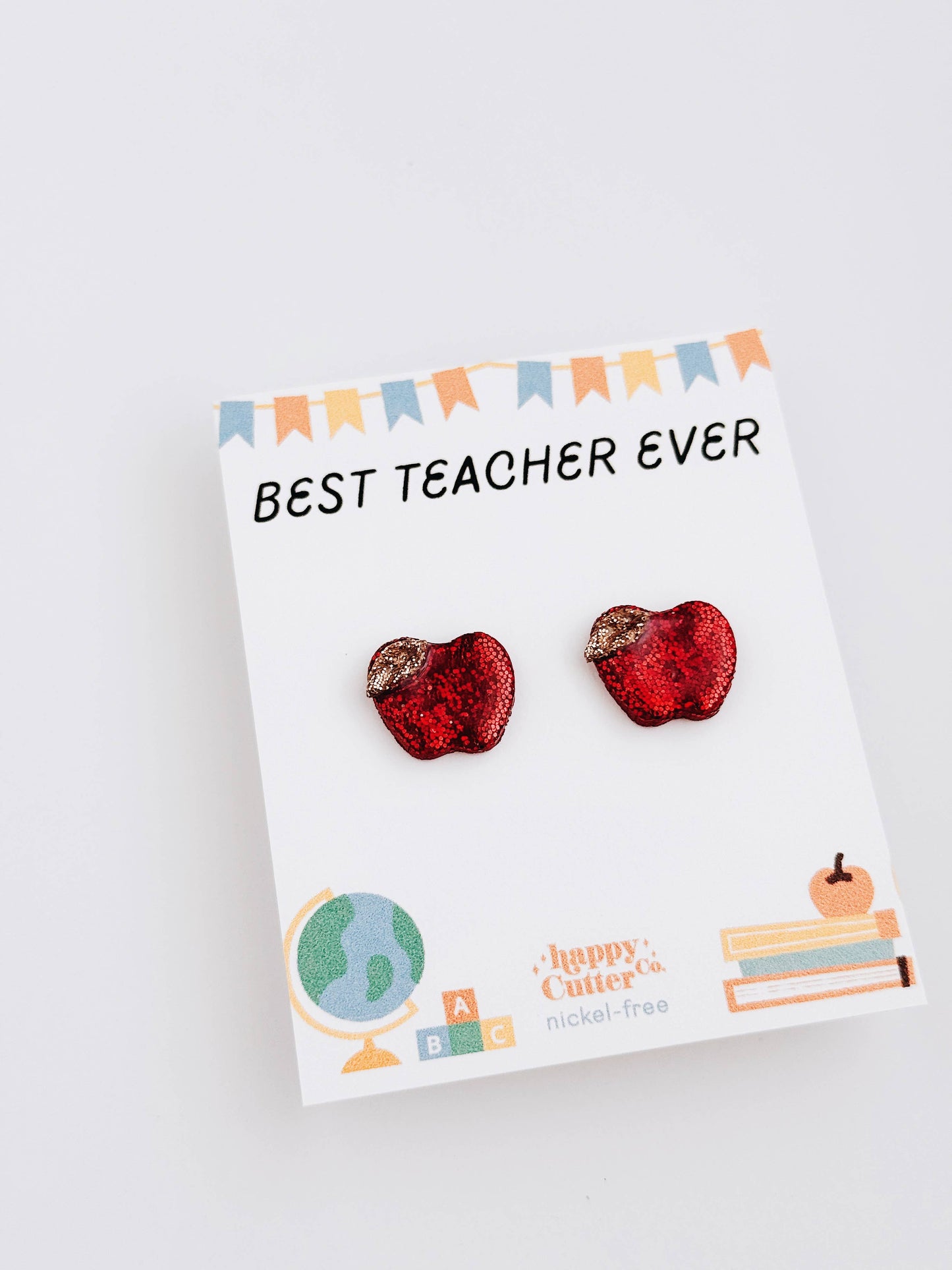 Glitter Apple Stud Earrings | Best Teacher Ever Card: Studs