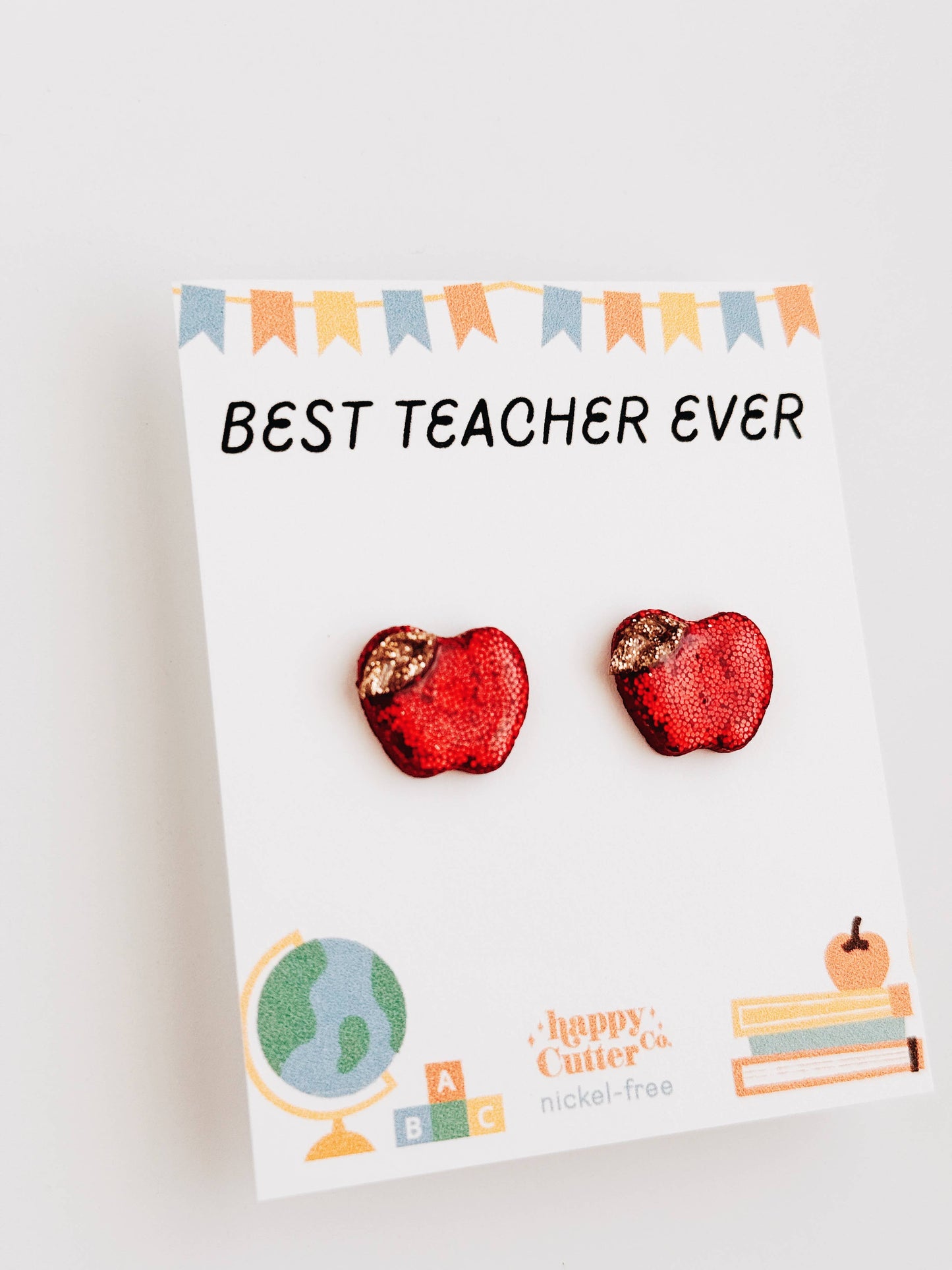 Glitter Apple Stud Earrings | Best Teacher Ever Card: Studs