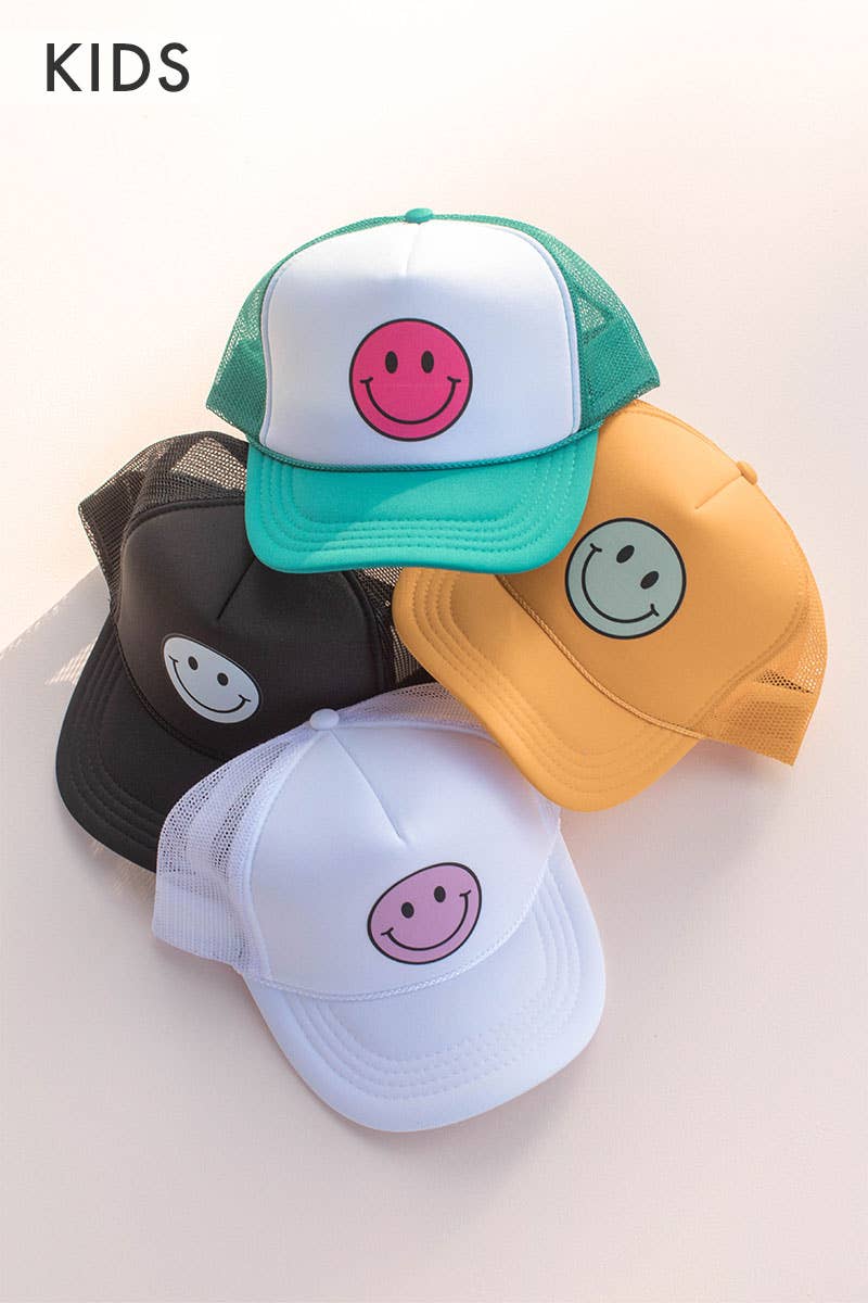 Kids Smiley Face Trucker Hat Cap: Gold - Teal Smiley