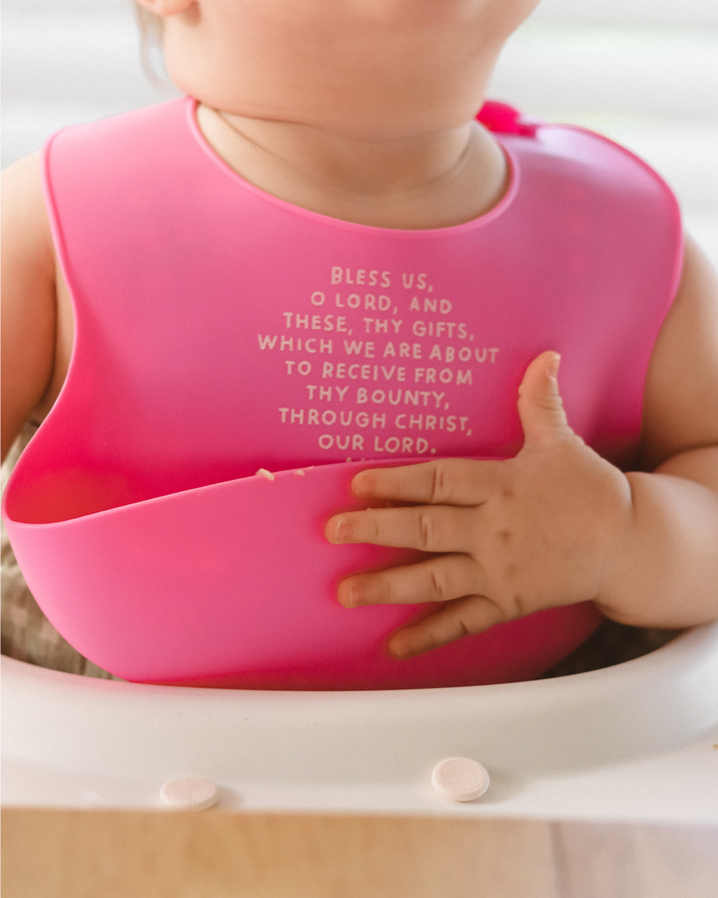 Catholic Meal Blessing Bib | BPA Free Bib | Gift For Baby: Rose Pink