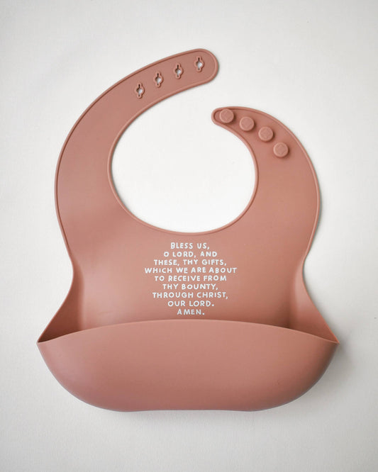 Catholic Meal Blessing Bib | BPA Free Bib | Gift For Baby: Rose Pink