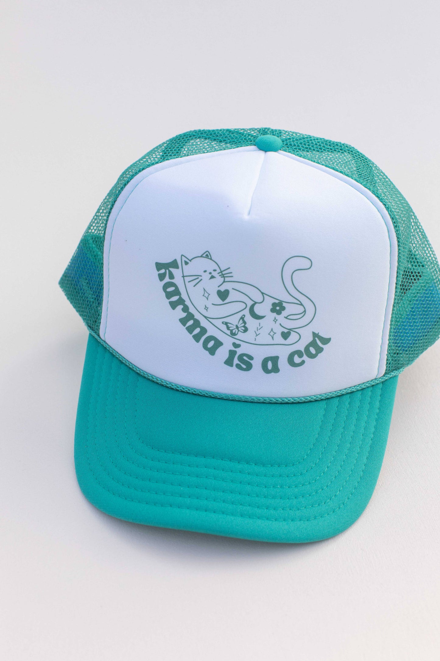 Karma is a Cat Trucker Hat Cap: White/Jade - Kids