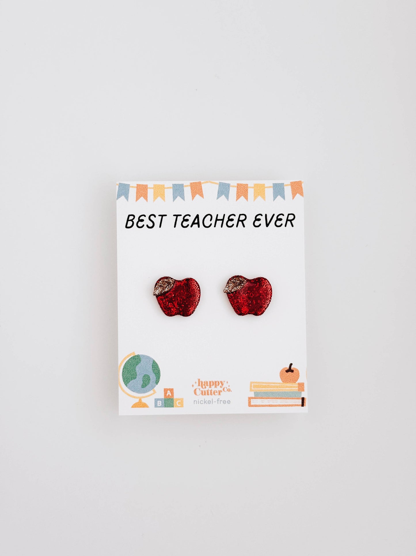 Glitter Apple Stud Earrings | Best Teacher Ever Card: Studs