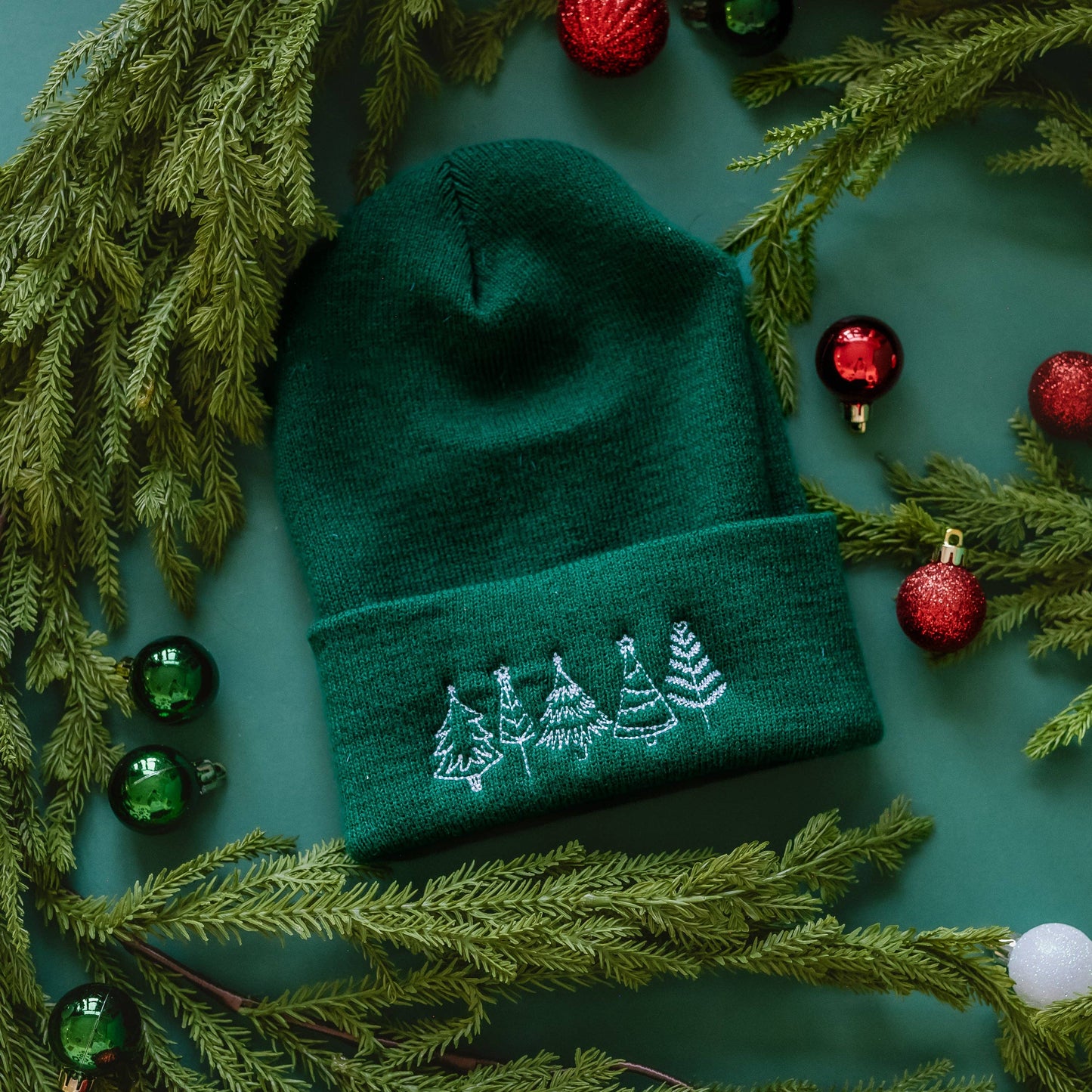 CHILD Beanie - Outline Christmas Trees - White Thread: Dark Green